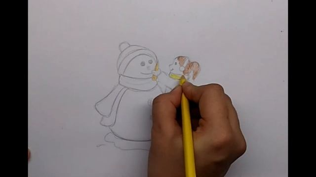 Как нарисовать снеговика и девочку, слепившую его смотреть онлайн