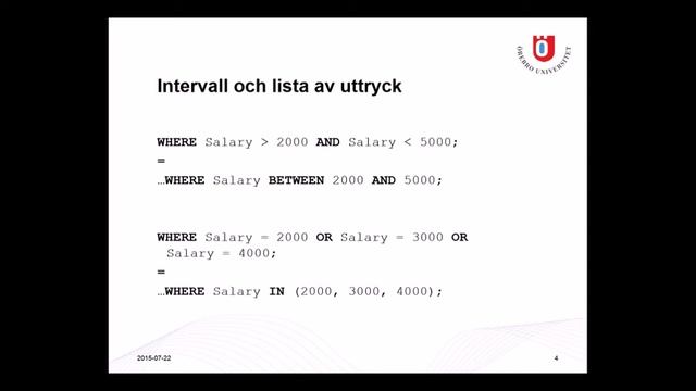 WHERE villkor - Föreläsning 9 (SQL) смотреть онлайн
