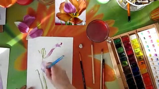 Мастер-класс #9 Картина акварелью. "Увядающий тюльпан". смотреть онлайн