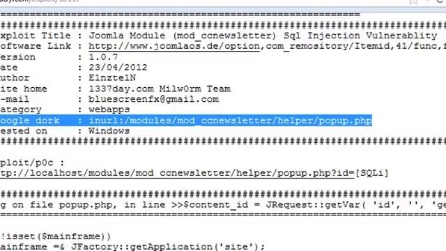Joomla component (mod_ccnewsletter) Sql Injection Vulnerablity (Perl) смотреть онлайн