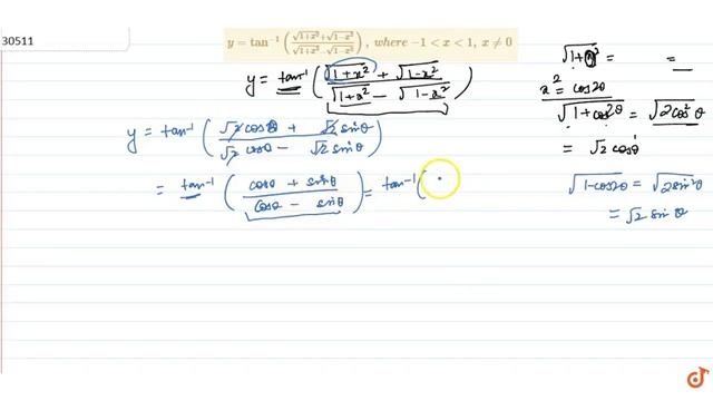 `y=tan^(-1)((sqrt(1+x^2)+sqrt(1-x^2))/(sqrt(1+x^2)-sqrt(1-x^2))),w h e r e`
`-1 ltx lt1,x!=0` смотреть онлайн