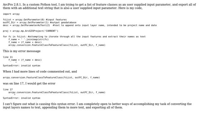 GIS: Invalid syntax on arcpy.conversion.FeatureClasstoFeatureClass() смотреть онлайн