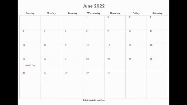 Printable June 2022 Calendar with holidays in Word, PDF, EXCEL смотреть онлайн