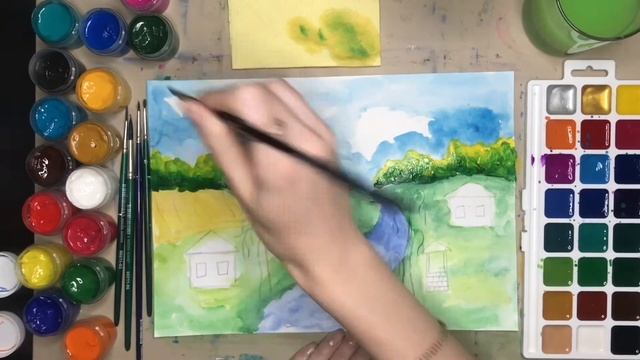 Деревенский пейзаж. Как нарисовать деревню? Мастер-класс по рисованию пейзажа. Гуашь и акварель. смотреть онлайн