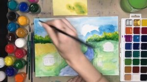 Деревенский пейзаж. Как нарисовать деревню? Мастер-класс по рисованию пейзажа. Гуашь и акварель.