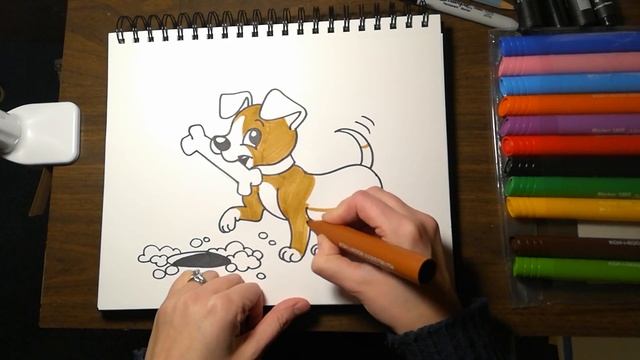 HOW TO DRAW a Puppy with a Bone - coloring with markers смотреть онлайн