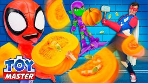 Человек Паук против Гоблина превращающего все в ТЫКВЫ! Супергерои и игры гонки в видео про машины