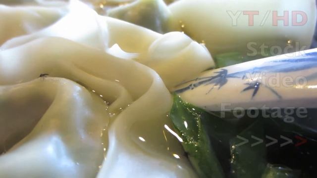 Wonton Soup In Chinese Dumpling Recipe & Chicken Broth W/ Green Onions | HD Stock Video Footage