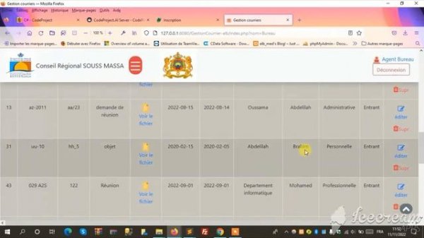 Application web Gestion Courrier avec HTML5, PHP, Css Bootstrap, javascript, JQuery et MySQL