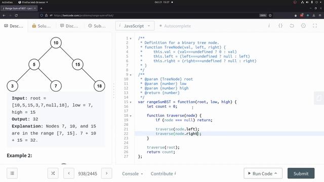 LeetCode 938 - Range Sum of a Binary Search Tree (JavaScript) смотреть онлайн