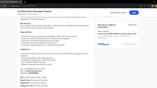 Tridots Tech Hiring Full Stack Python Developer (Fresher) - Location : Chennai смотреть онлайн