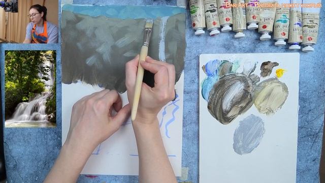 Рисуем лесной пейзаж с водопадом акрилом. Часть 1. смотреть онлайн
