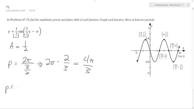 y = 1/2 sin(3/2 x - pi) find the amplitude, period and phase shift смотреть онлайн