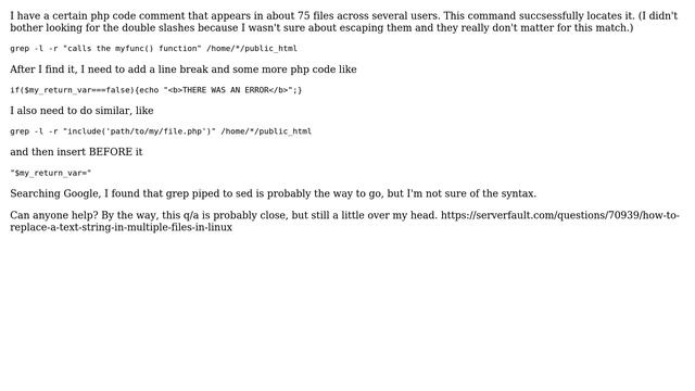 DevOps & SysAdmins: Find text, then insert linebreak and some php code across multiple files смотреть онлайн