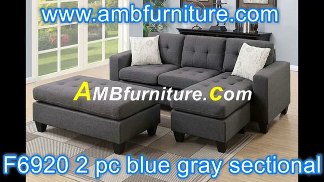 Poundex F6920 2 pc daryl Blue grey polyfiber fabric reversible sectional sofa set chaise and ottoma смотреть онлайн