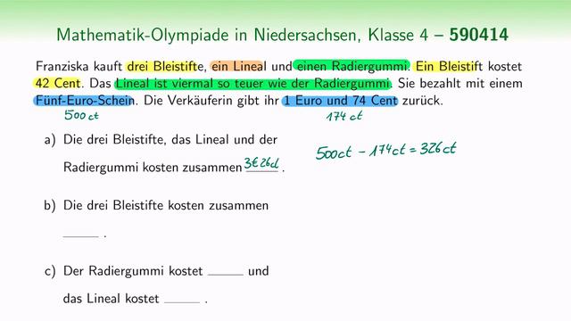 NI590414 der Mathematik-Olympiade in Niedersachsen (Textaufgabe, Sachaufgabe, Geld, Klasse 4) смотреть онлайн