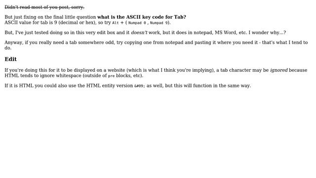 ASCII Code for the TAB Character? (Want to be able to input tabs into a web page textbox) смотреть онлайн