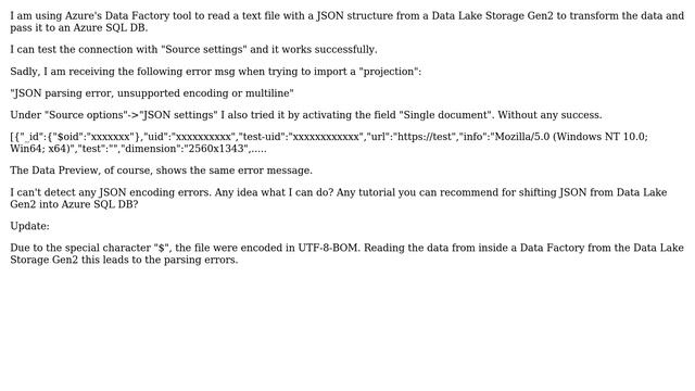 JSON parsing error, unsupported encoding or multiline in Data Factory смотреть онлайн
