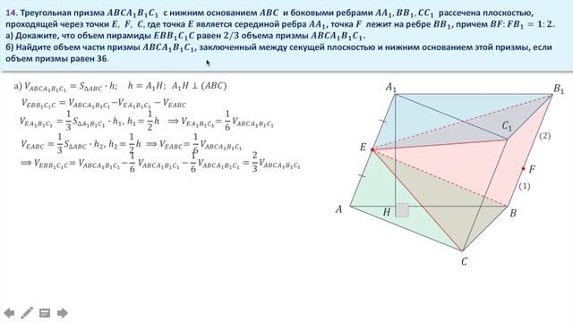 Объем отсеченной части призмы. Задание 14 смотреть онлайн