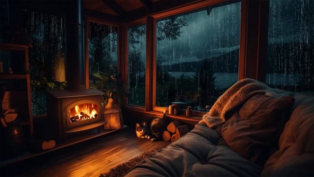 Cat Nap In Cozy Cabin Living Room ?️ Relaxation With Crackling Fireplace And Rain Sounds