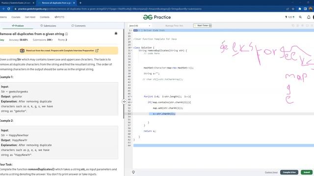 Removes duplicate element from string || GFG || JAVA смотреть онлайн