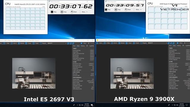 3Dsmax Corona 2 Render Time Exterior AMD Ryzen 9 3900X Vs Intel Xeon E5 2697 V3