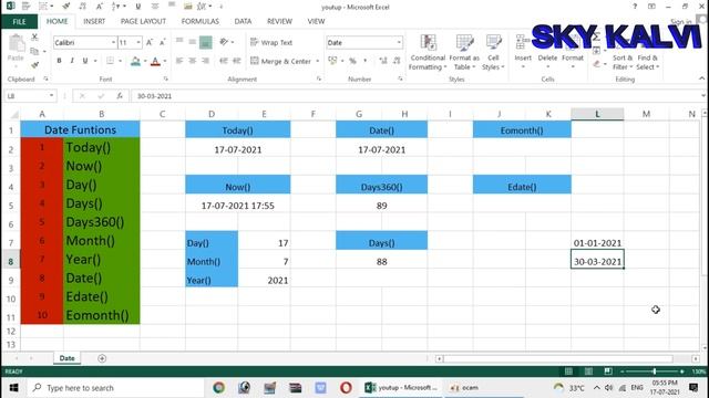 Day/ Today/ Date / Month/ Eomonth/ Year/ Edate/ Now/ Days/ Date360 excel functions in tamil, смотреть онлайн