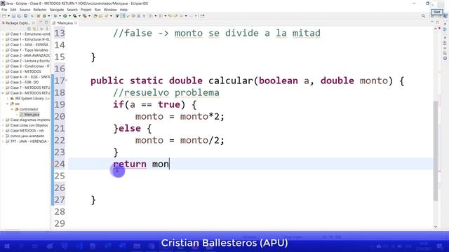 Metodo return que devuelve un boolean si es true duplica el monto sino divide en JAVA смотреть онлайн