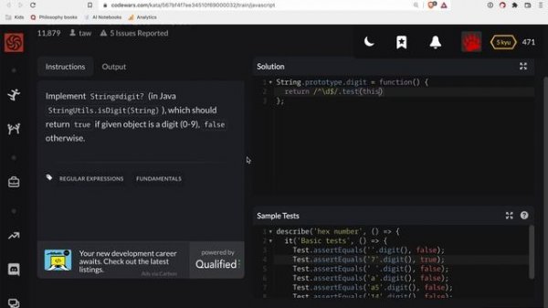 Codewars - Javascript - Regexp Basics - is it a digit?