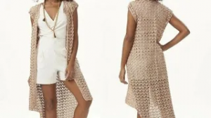 Схема вязания крючком длинного жилета оригинального асимметричного кроя