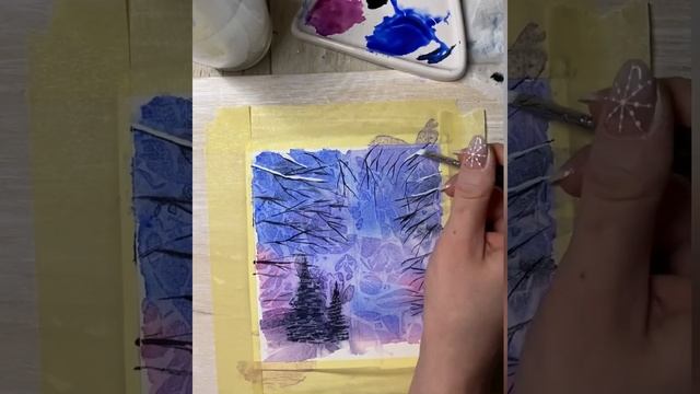 Морозное окно акварелью/клеёнка и Акварель/плёнка и Акварель/морозные узоры акварелью/зимний пейзаж смотреть онлайн