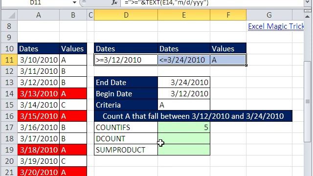 Excel Magic Trick 545: Count Between Dates with 3 Criteria COUNTIFS & DCOUNTA & SUMPRODUCT смотреть онлайн