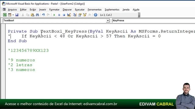 Excel VBA TextBox Validar Letras e Numero no Mesmo TextBox Edivam Cabral смотреть онлайн