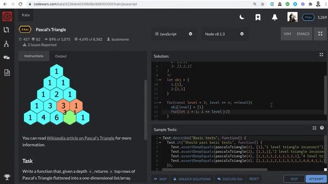Pascal's Triangle | 6 kyu | codewars | javascript смотреть онлайн