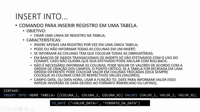 Inserir registros | insert into | em tabela de banco de dados ORACLE | Linguagem SQL | смотреть онлайн