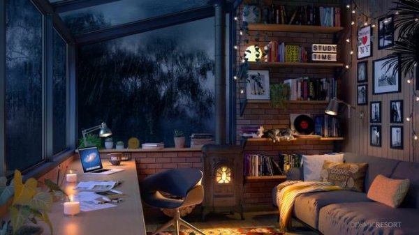 Rooftop Study Room with Thunderstorm Rain and Fireplace Sounds - Ambience for Studying, Relaxing