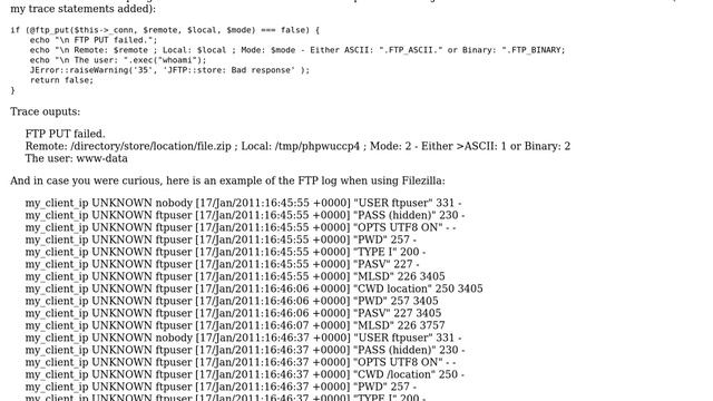 FTP Upload works from local command line / remote GUI client but not from PHP script смотреть онлайн