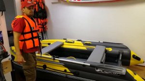 Лодка ПВХ Риф Тритон Скат 370Fi пластиковый транец интегрированный фальшборт желто серая