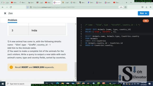 SQL Part 15 SoloLearn Zoo Project or Challenge using JOIN Tabel Operations By INSERT and INNER JOIN смотреть онлайн