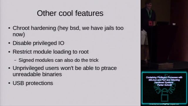 circlecitycon 103 containing privileged processes with selinux and pax and attacking hardened syste смотреть онлайн