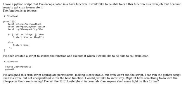 Unix & Linux: Running a python script encapsulated in a bash function via cron смотреть онлайн
