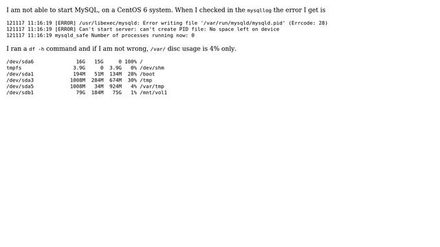 Can't start MySQL - no space left on device смотреть онлайн