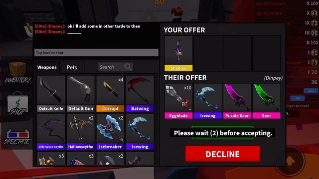 Trading SHADOW For 10 EGGBLADES, ICEWING, PURPLE SEER, & SEER | W/L? | MM2 Trade