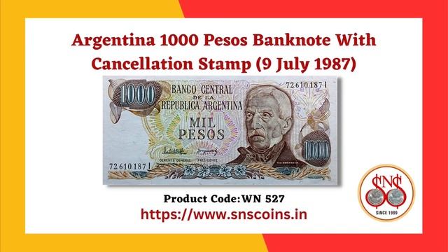 Argentina 1000 Pesos Banknote With Cancellation Stamp (9 July 1987) смотреть онлайн