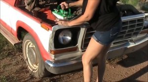 A nice cranking and pedal pumping video in a old ford truck