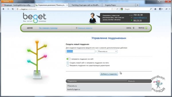 Хостинг beget.ru. Создаем поддомен.