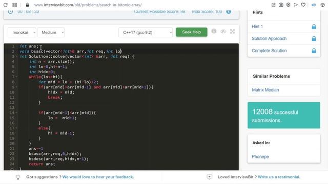 4.0 SEARCH IN BITONIC ARRAY (Binary Search)-Interviewbit #binarysearch#interview смотреть онлайн