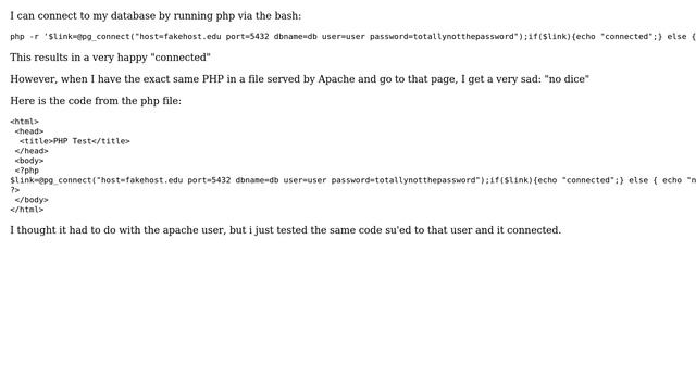 Unix & Linux: PHP Failing to connect to Postgres on CentOS 7 смотреть онлайн