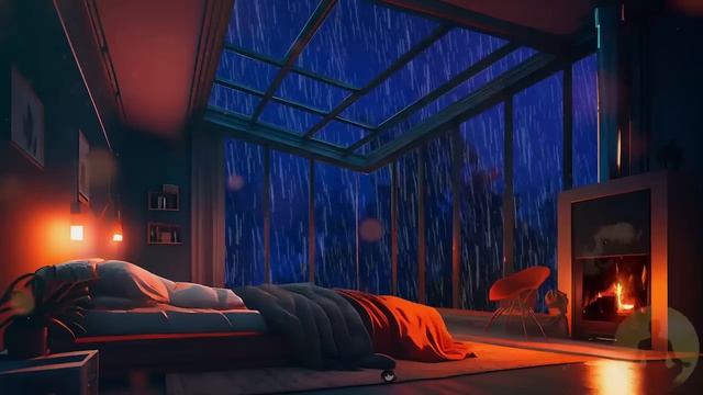 Rain Sounds For Sleeping -Stormy Night Cozy Bedroom Ambience with Relaxing Rain and Fireplace Sound