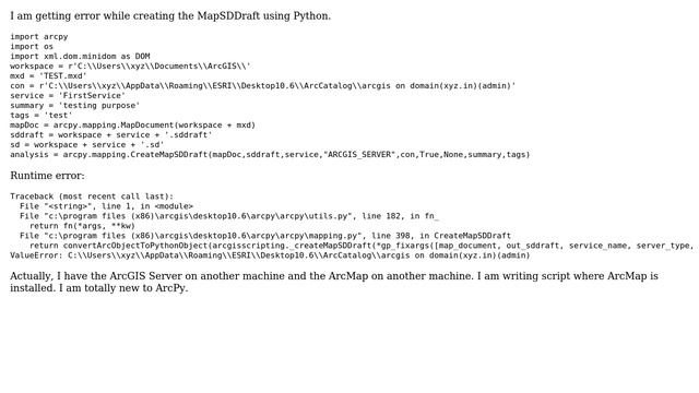 GIS: Getting error while creating createMapSDDraft using Python смотреть онлайн